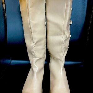 Cream Over the Riding Knee Boots with Lace Bow Details and Zip Closures
